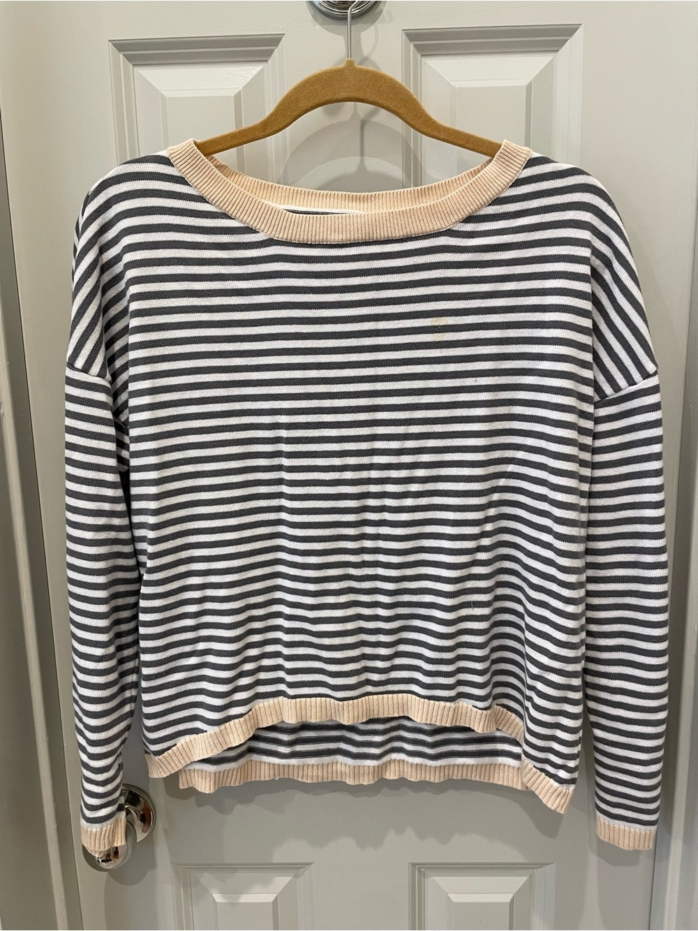 Women's Grey and White Striped Long Sleeve Cotton Lightweight Sweater